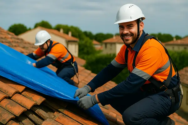 Pose d'une bâche de protection sur toiture après tempête