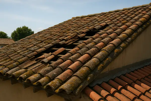 Toiture ancienne usée avec tuiles cassées et mousse