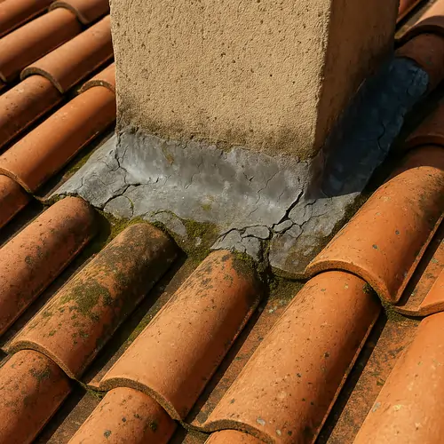 État avant étanchéité: fissures, traces d'humidité et mousse autour du solin