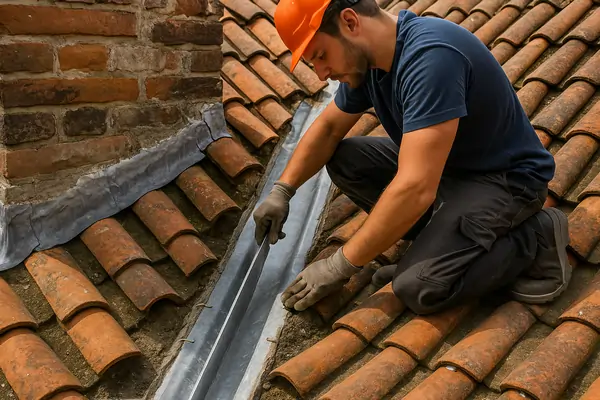 Couvreur remplaçant et réparant une noue en zinc pré-patiné sur tuiles