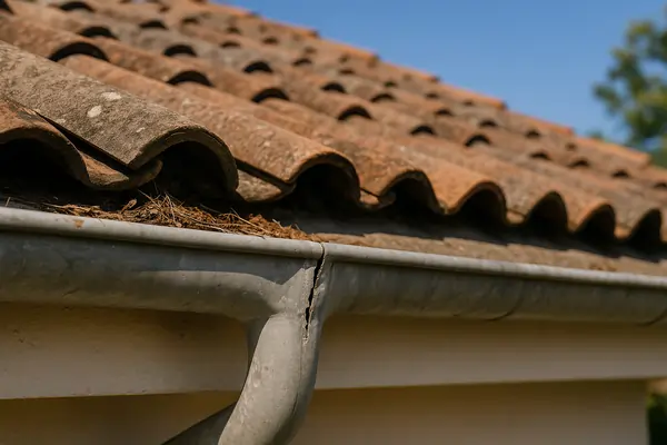 Gouttière ancienne avec débris et fissure