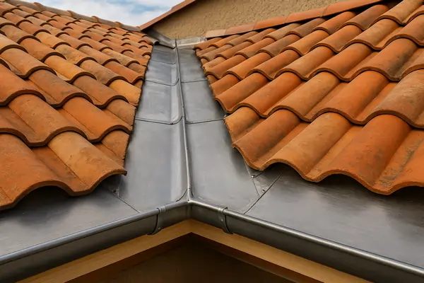 Noues en zinc neuves installées entre deux pans de toiture