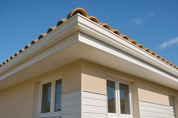Habillage de planches de rive en aluminium peint et lambris bois sur façade